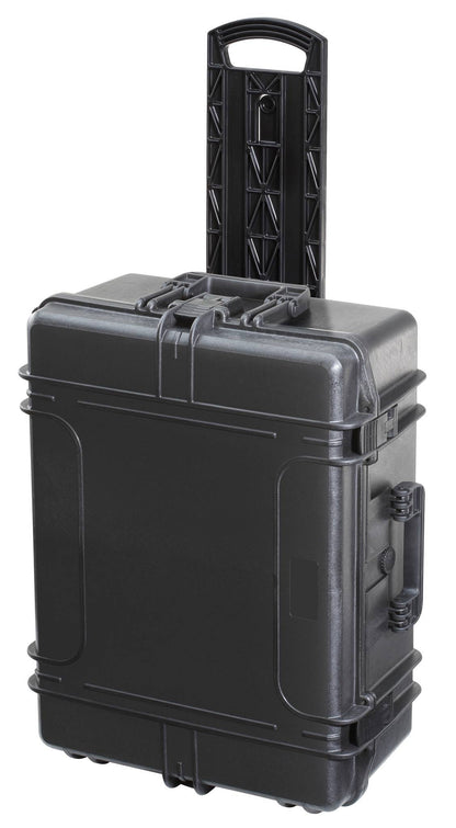 The MAX620H340TR With Wheels And Retractable Handle is a black hard-shell case featuring heavy-duty wheels and an extended retractable handle, shown standing upright against a white background.