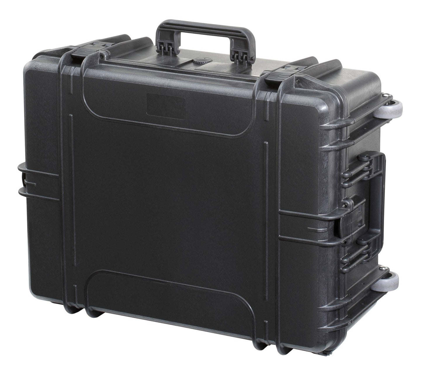 The MAX620H340TR With Wheels and Retractable Handle is a black watertight protective case with secure latches, heavy duty wheels, and an upright design, shown on a white background.