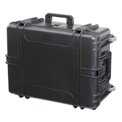 The MAX620H340TR With Wheels And Retractable Handle is a black hard-shell, watertight protective case with secure latches, a handle, wheels, and retractable handle, shown closed on a flat surface.