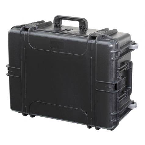 The MAX620H340TR With Wheels And Retractable Handle is a black hard-shell, watertight protective case with secure latches, a handle, wheels, and retractable handle, shown closed on a flat surface.