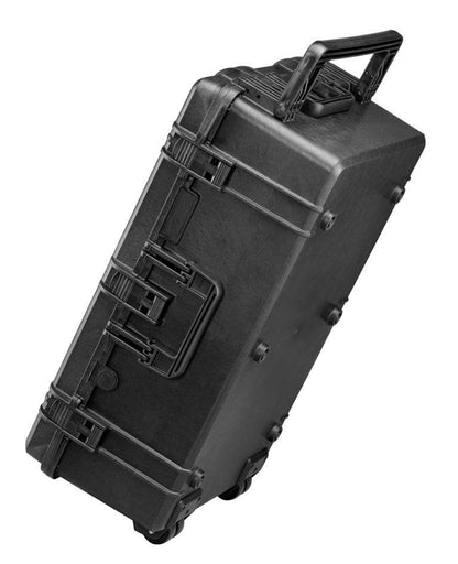 The MAX750H280 is a large, black, hard-shell suitcase with wheels, a retractable handle, and a stackable interlocking system, shown standing upright at an angle.