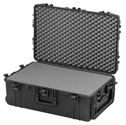 The MAX750H280 is a black hard-shell protective case with a custom foam interior, shown open and empty, designed for carrying and protecting sensitive equipment.
