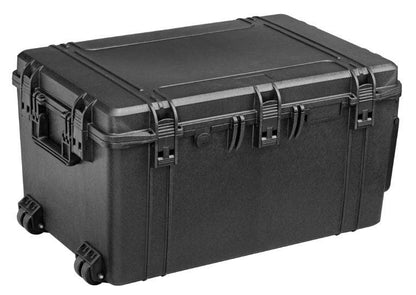 The MAX750H400 is a large, hard-shell black protective case with wheels, handles, secure front latches, reinforced corners, and a custom foam interior for enhanced protection.