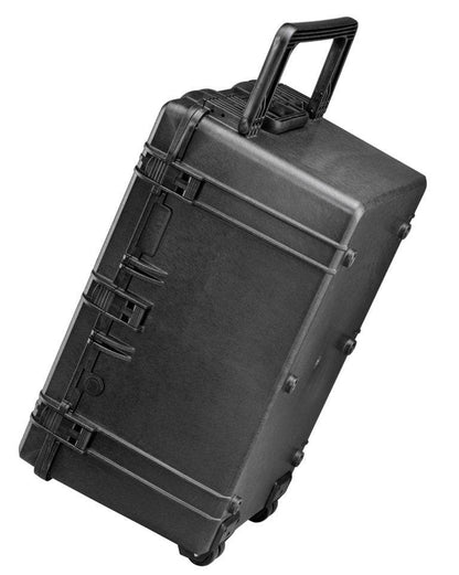 The MAX750H400 is a black hard-shell rolling suitcase with a telescoping handle and pressure release valve, shown at an angle.