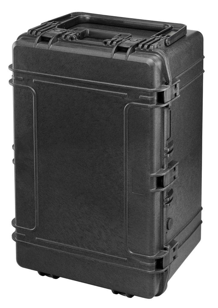 The MAX750H400 is a black, hard-shell, watertight case with reinforced edges, secure latches, a top handle, and custom foam interior, shown standing upright against a white background.