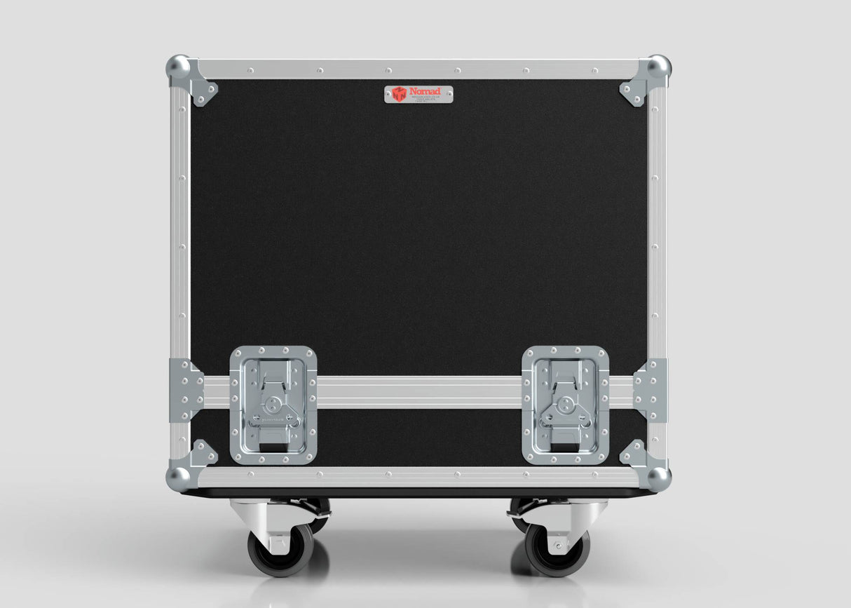 A Medium Motorsport Engine Flight Case (775 x 650 x 650 mm) with metal corners, handles, latches, and four caster wheels stands against a plain background.