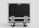 A Medium Motorsport Engine Flight Case (775 x 650 x 650 mm) with metal corners, handles, latches, and four caster wheels stands against a plain background.