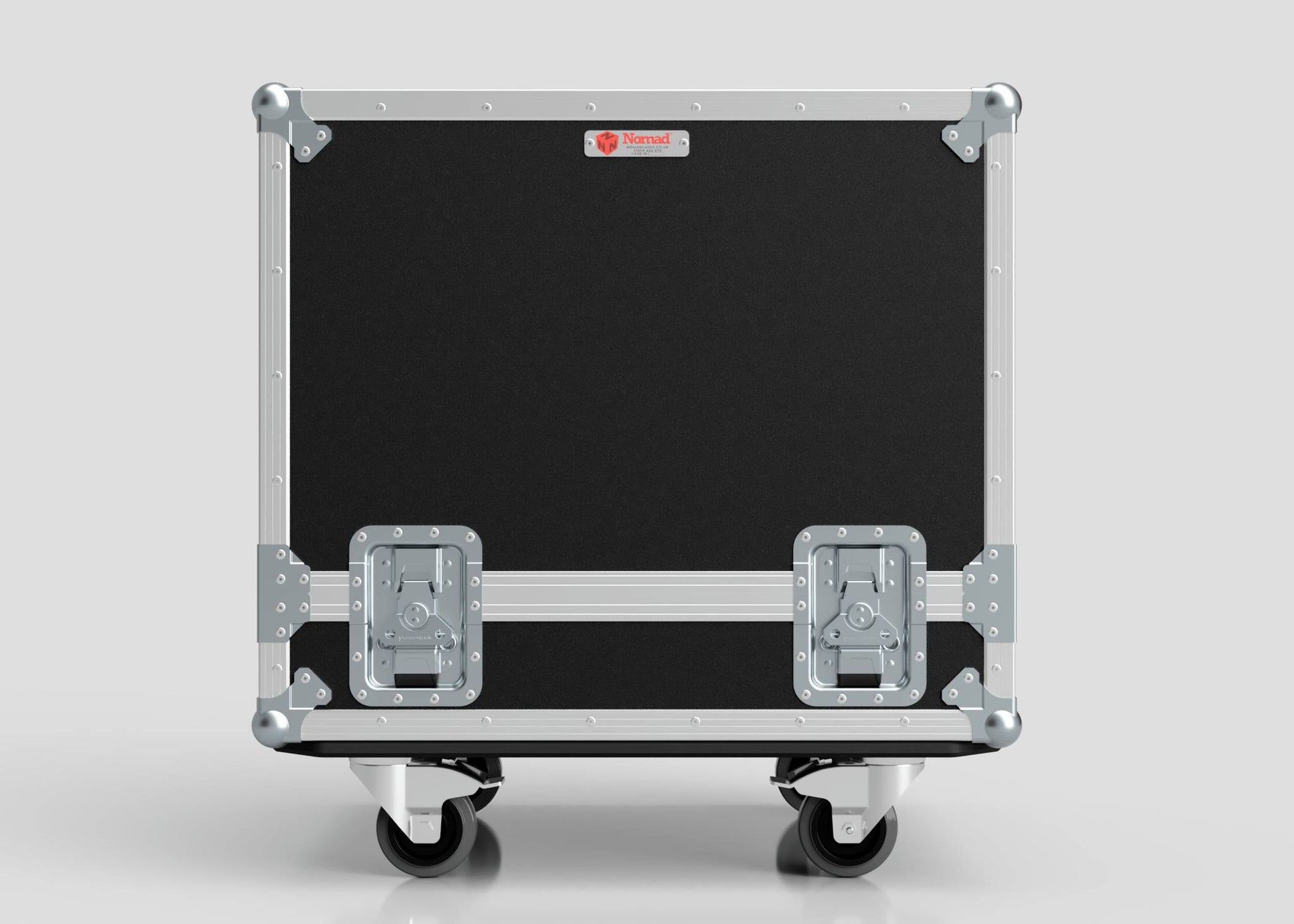 The Small Engine Case, shown from the front against a plain background, features a black and silver finish, two metal latches, protective corner guards, and four wheels. Its external dimensions are 710 x 610 x 605 mm.