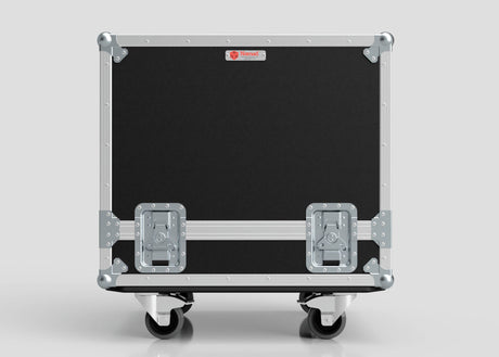 A Medium Motorsport Engine Flight Case (775 x 650 x 650 mm) with metal corners, handles, latches, and four caster wheels stands against a plain background.
