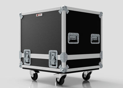 The Small Engine Case, in black and silver with metal corners and handles, sits on four caster wheels against a plain background, highlighting its sturdy build and external dimensions of 710 x 610 x 605 mm.