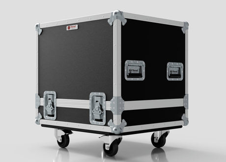 The Medium Motorsport Engine Flight Case (775 x 650 x 650 mm) in black features heavy-duty metal edges, corner protectors, handles, and four caster wheels, shown on a plain light background.