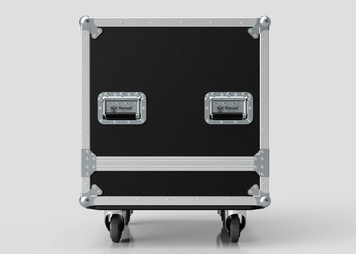 A Small Engine Case, black with metal reinforcements, two Nomad handles, and four caster wheels, shown front-facing against a plain background. External dimensions: 710 x 610 x 605 mm.