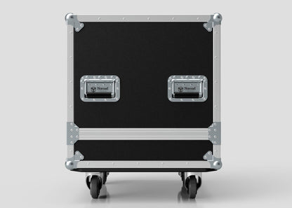 A Small Engine Case, black with metal reinforcements, two Nomad handles, and four caster wheels, shown front-facing against a plain background. External dimensions: 710 x 610 x 605 mm.