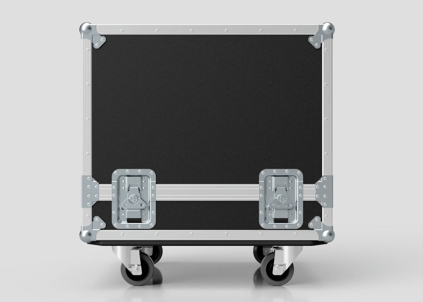 The Small Engine Case is a black and silver hard case with metal corner reinforcements, four wheels, and two latch closures. Shown against a plain light gray background, its external dimensions are 710 x 610 x 605 mm.