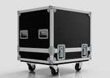 The Medium Motorsport Engine Flight Case (775 x 650 x 650 mm) is a black, rectangular case with metal edges, corner protectors, dual handles, latches, and four caster wheels shown against a plain background.