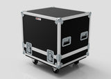 The Medium Motorsport Engine Flight Case (775 x 650 x 650 mm) is a black and silver hard case with metal reinforcements, handles, latches, and four caster wheels—perfect for heavy-duty engine or motorsport transport. Shown against a plain background.