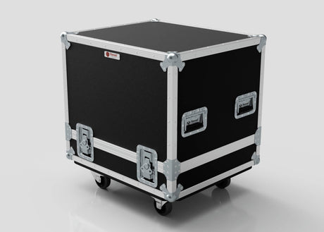 The Medium Motorsport Engine Flight Case (775 x 650 x 650 mm) is a black and silver hard case with metal reinforcements, handles, latches, and four caster wheels—perfect for heavy-duty engine or motorsport transport. Shown against a plain background.