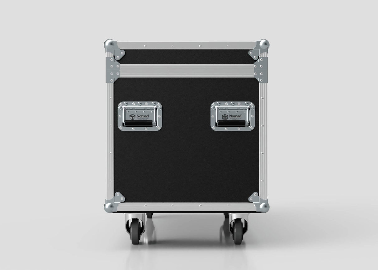 Mic Stands Trunk Case: 1200mm black rolling trunk with metal corners, two recessed handles, and caster wheels—perfect for storing mic stands—shown against a plain light background.
