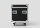 Mic Stands Trunk Case: 1200mm black rolling trunk with metal corners, two recessed handles, and caster wheels—perfect for storing mic stands—shown against a plain light background.