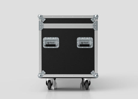 Mic Stands Trunk Case: 1200mm black rolling trunk with metal corners, two recessed handles, and caster wheels—perfect for storing mic stands—shown against a plain light background.