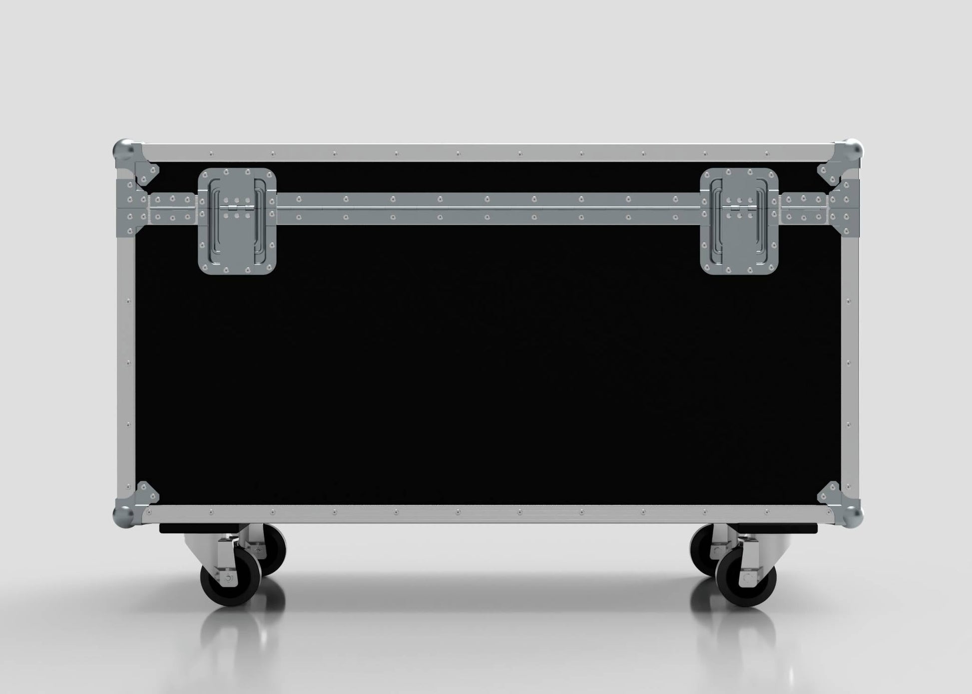 The Mic Stands Trunk Case, shown in black and silver with metal reinforcements and wheels, measures 1200mm and is ideal for transporting mic stands and other gear against a plain light background.