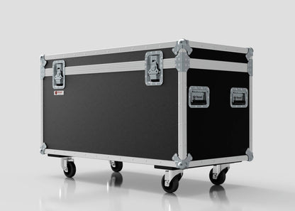 The Mic Stands Trunk Case is a large black equipment trunk with metal edges, reinforced corners, handles, and four caster wheels. It measures 1200mm and stands against a plain background.