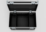 The Mic Stands Trunk Case is a black, hard trunk-style case with metal edges and latches, featuring three interior compartments—perfect for organizing mic stands up to 1200mm.