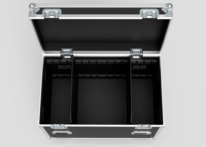 The Mic Stands Trunk Case is a black, hard trunk-style case with metal edges and latches, featuring three interior compartments—perfect for organizing mic stands up to 1200mm.
