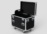 The Mic Stands Trunk Case is a large black trunk with metal edges, handles, and four caster wheels. It opens to reveal interior dividers for mic stands and measures 1200mm in length.