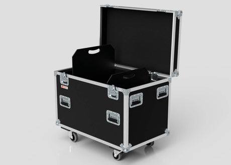 The Mic Stands Trunk Case is a large black trunk with metal edges, handles, and four caster wheels. It opens to reveal interior dividers for mic stands and measures 1200mm in length.