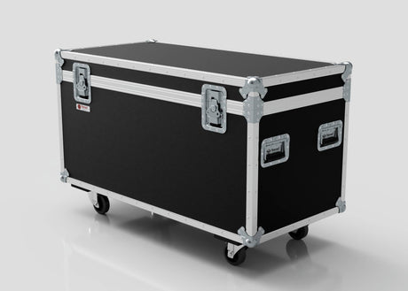 The Mic Stands Trunk Case is a large black equipment case (1200mm long) with metal edges, corner protectors, side metal handles, and caster wheels—perfect for storing mic stands. Shown on a white background.