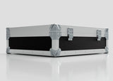 The Microphone Case is a rectangular, silver and black hard case with reinforced metal corners and two metal latches, measuring 577 x 526 x 192 mm, shown resting on a reflective white surface.