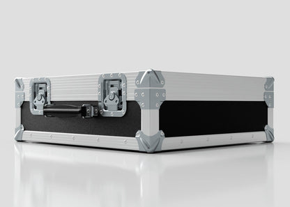 A Microphone Case in silver and black with metal-reinforced corners and secure latches, closed and resting on a white surface; external dimensions are 577 x 526 x 192 mm.