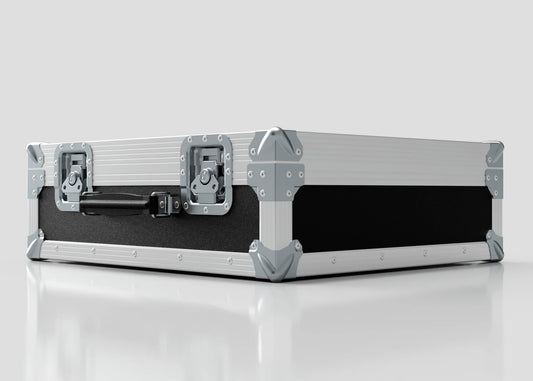 A Microphone Case in silver and black with metal-reinforced corners and secure latches, closed and resting on a white surface; external dimensions are 577 x 526 x 192 mm.