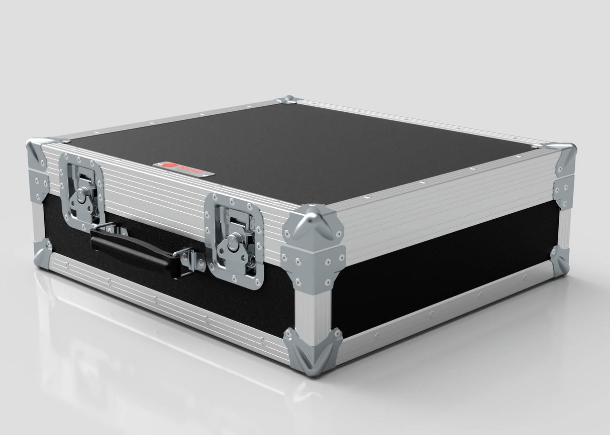 A black and silver Microphone Case with reinforced metal corners, latches, and a handle, measuring 577 x 526 x 192 mm, sits on a plain light gray surface.