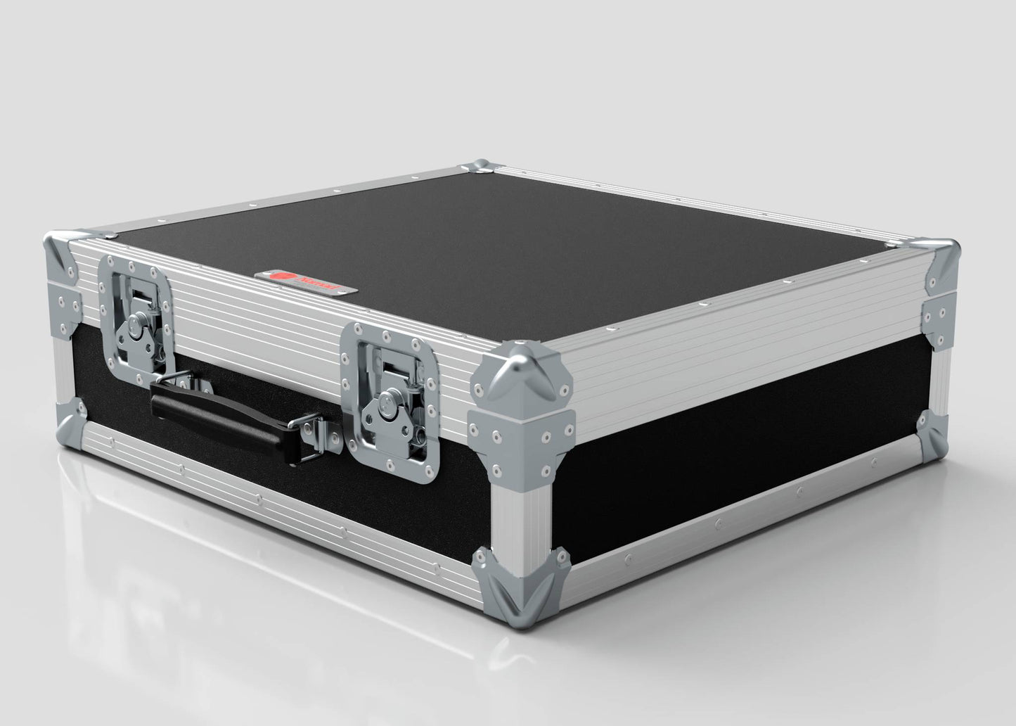 A black and silver Microphone Case with reinforced metal corners, latches, and a handle, measuring 577 x 526 x 192 mm, sits on a plain light gray surface.