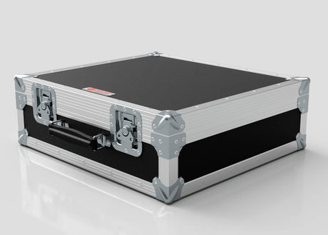 A black and silver Microphone Case with reinforced metal corners, latches, and a handle, measuring 577 x 526 x 192 mm, sits on a plain light gray surface.