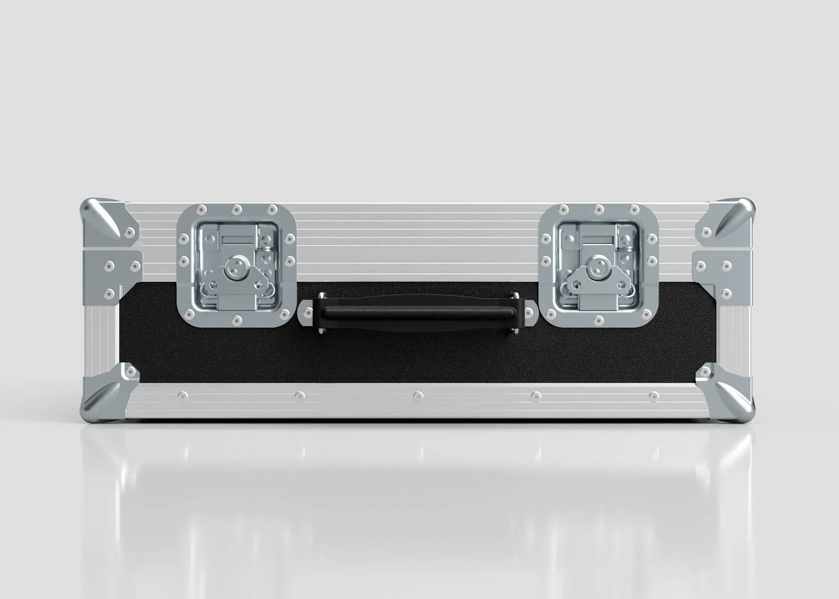 The Microphone Case is a silver and black hard case with reinforced metal corners, two metal latches, a central black handle, and external dimensions of 577 x 526 x 192 mm, shown against a plain light background.