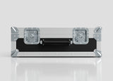 The Microphone Case is a silver and black hard case with reinforced metal corners, two metal latches, a central black handle, and external dimensions of 577 x 526 x 192 mm, shown against a plain light background.