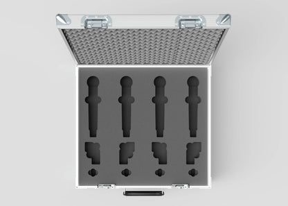The Microphone Case is an open silver case with foam cutouts for four microphones and accessories, seen from above. External dimensions are 577 x 526 x 192 mm, providing secure organization and easy transport.