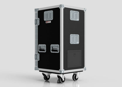 The Mini Fridge Case is a black rectangular equipment case with metal edges, vents, and handles on four caster wheels, measuring 485 x 541 x 1003 mm, shown against a plain background.