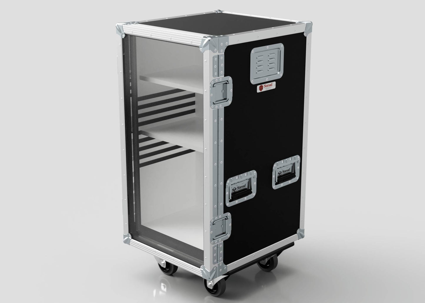The Mini Fridge Case is black and silver with metal corners, two side handles, a front transparent door, two interior shelves, and external dimensions of 485 x 541 x 1003 mm.