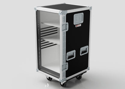 The Mini Fridge Case is black and silver with metal corners, two side handles, a front transparent door, two interior shelves, and external dimensions of 485 x 541 x 1003 mm.