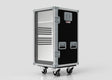 The Medium Fridge Case is a black and silver rolling storage case with glass front, metal corners, handles, and vents. Its external dimensions are 485 x 541 x 1003 mm and it stands on four caster wheels against a plain background.
