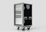 The Medium Fridge Case is a black and silver rolling storage case with glass front, metal corners, handles, and vents. Its external dimensions are 485 x 541 x 1003 mm and it stands on four caster wheels against a plain background.