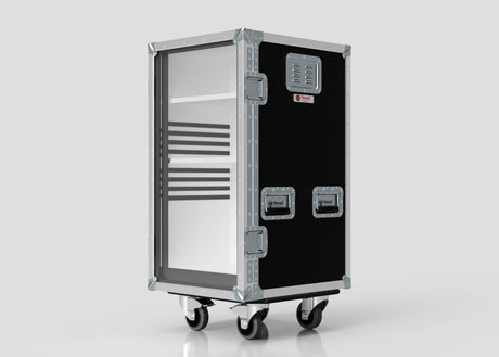 The Medium Fridge Case is a black and silver rolling storage case with glass front, metal corners, handles, and vents. Its external dimensions are 485 x 541 x 1003 mm and it stands on four caster wheels against a plain background.