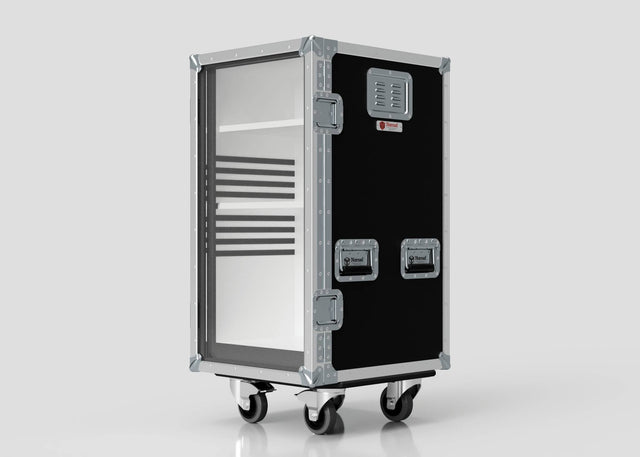The Medium Fridge Case is a black and silver rolling storage case with glass front, metal corners, handles, and vents. Its external dimensions are 485 x 541 x 1003 mm and it stands on four caster wheels against a plain background.