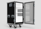 The Medium Fridge Case is a black, wheeled storage unit with metal edges and handles. Shown with its door open, it has horizontal ventilation slits and an empty interior. External dimensions: 485 x 541 x 1003 mm.