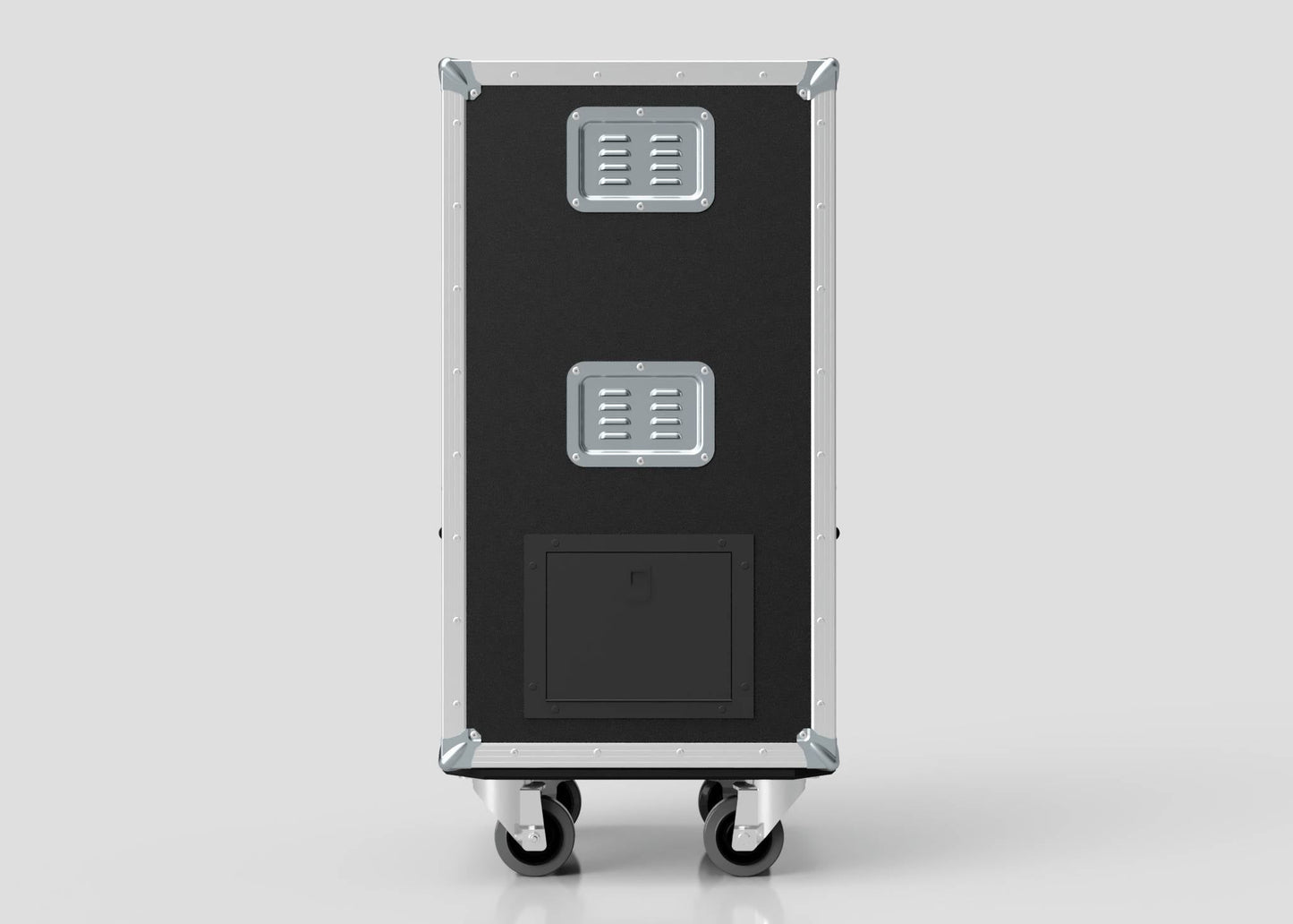 The Mini Fridge Case is a black, rectangular case (485 x 541 x 1003 mm) with metal corners, two vent panels, a small access door, and four swivel caster wheels, displayed against a plain light background.