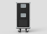 The Medium Fridge Case is a black wheeled equipment case with metal corner protectors, two vented panels, a rectangular access panel, and external dimensions of 485 x 541 x 1003 mm, displayed against a plain light background.